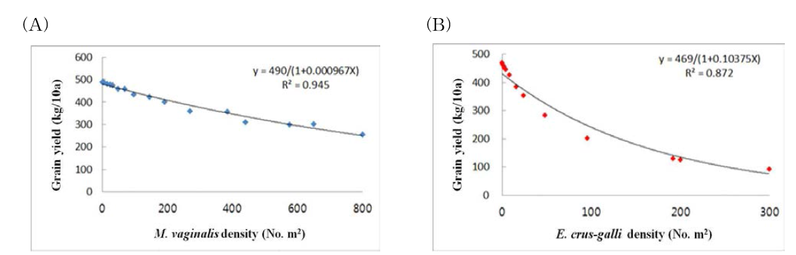 Relationship between weed densities and rice grain yield as affected by densities of Echinochloa crus-galli (A) and Monochoria vaginalis (B)