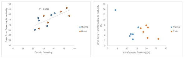 Relationships between the days to flowering and maturity, and those CVs (coefficient of variation) (Thermo : Temperature responsive, Photo : photoperiod responsive)