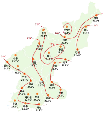 북방 27개 지역 평균 (1981~2016) 7~8월 평균 온도 및 온도 등고선