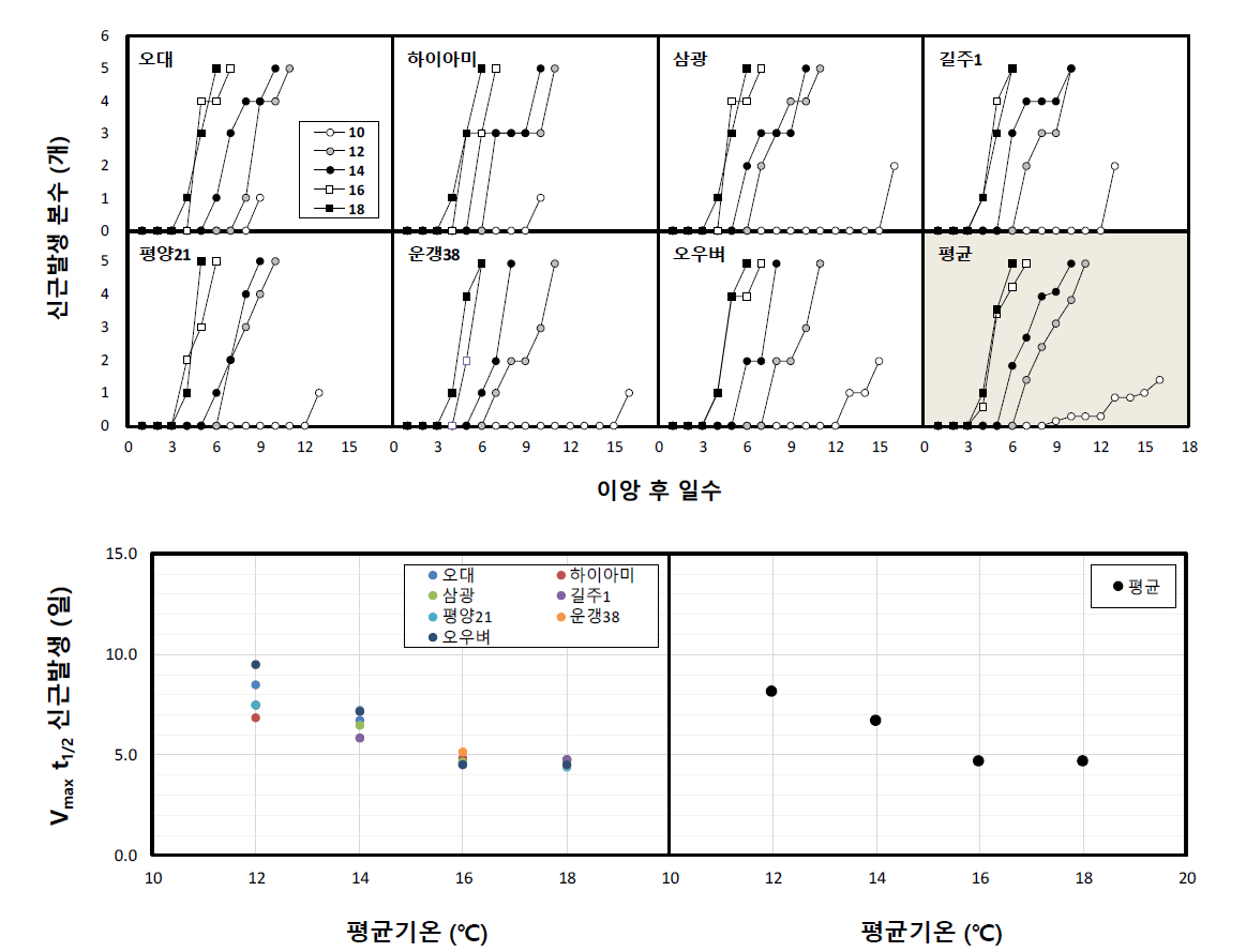 평균기온에 따른 이앙 후 일수별 신근발생 본수(위) 및 Vmaxt1/2(아래)