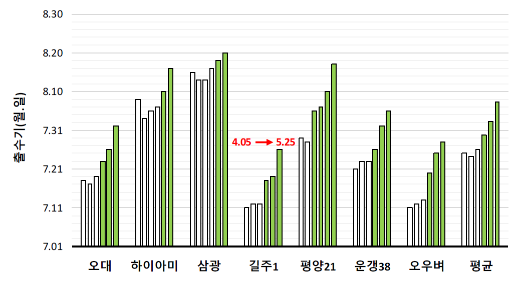 이앙시기에 따른 출수기 * 4.05 → 5.25 : 이앙시기