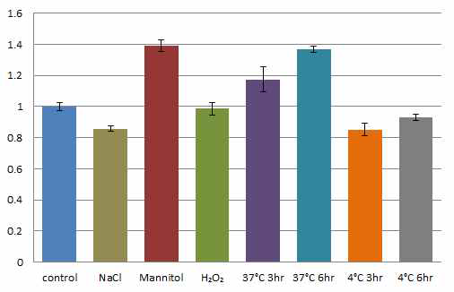 Abiotic stress (NaCl, mannitol, H2O2, heat, cold) 처리에 의한 BrPP5 유전자의 qRT-PCR에 발현 분석
