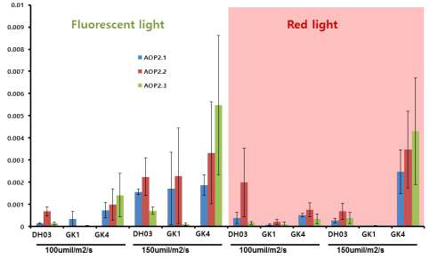 Aliphatic glucosinolate 합성 유전자 BrAOP2군의 발현 qRT-PCR 분석