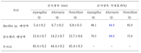 Bacillus sp.와 클로렐라 처리에 따른 종자 오염 곰팡이의 균사생육 억제효과