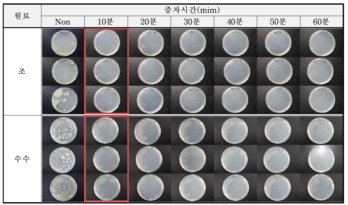 조, 수수의 증자시간에 따른 미생물 살균효과