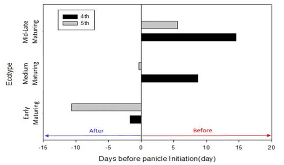 생태형별 4차, 5차시기의 생육단계(days before panicle initiation) 차이