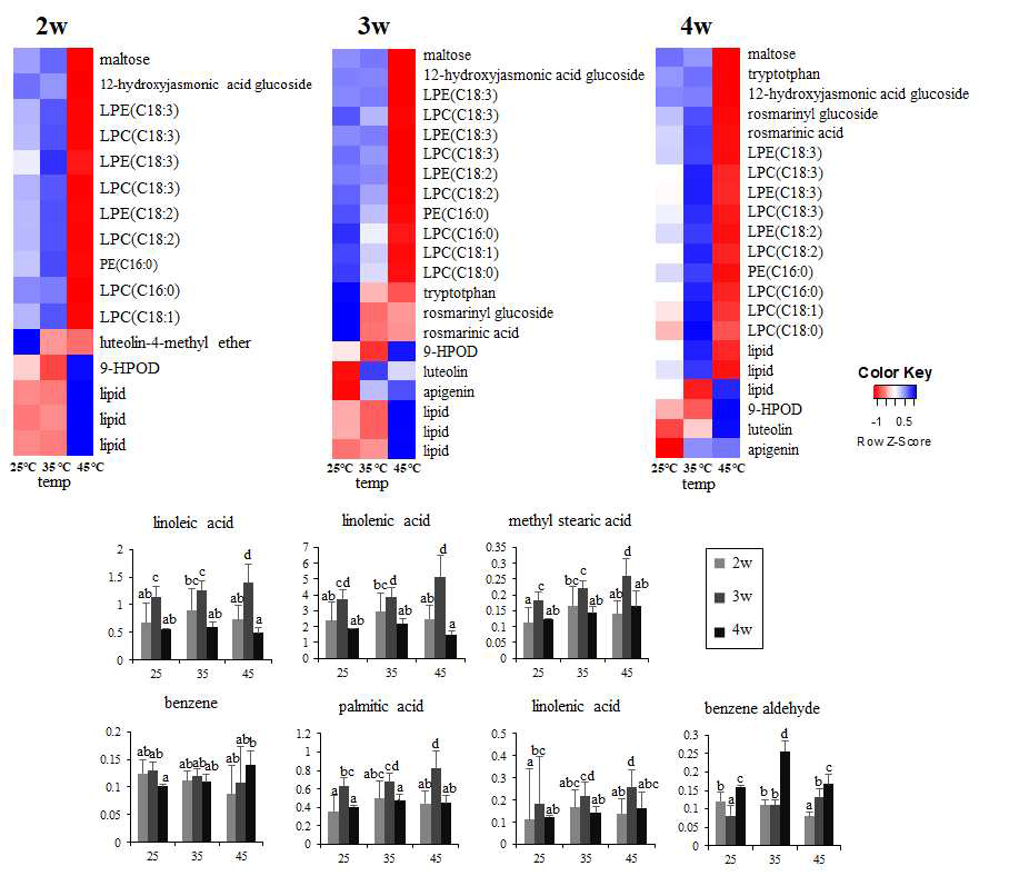 LC/MS를 통해 동정된 phytochemicals의 heatmaps 및 GC/MS를 통해 동정된 지방산의 relative abundance