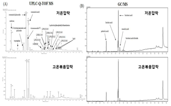 고온볶음처리 전·후 들깨(80% methanol) 추출물(A) 및 지질 추출물(B)의 대표적인 chromatogram