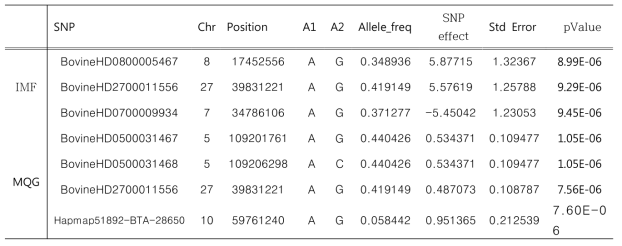 육질 형질에 대한 유의 SNP 선별