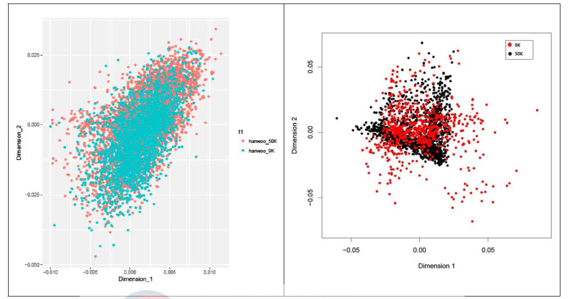 한우 50K, 9K 유전자형 집단(좌) 및 표현형 보유집단(우) 비교