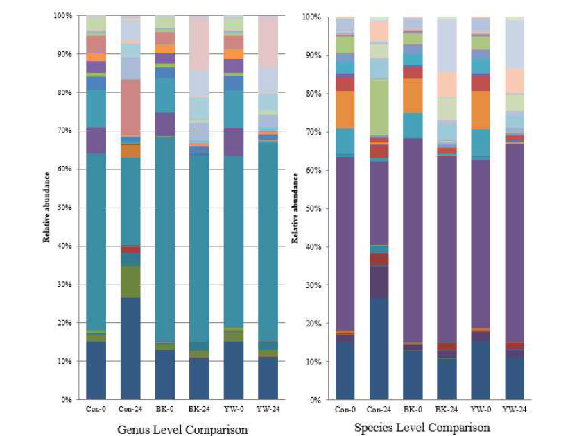 인체 분변을 이용한 대장 모사 발효 모델에서의 미생물 균총의 변화 (좌)genus level, (우)species level *Con: 대조군, BK: 검은콩, YK: 노란콩