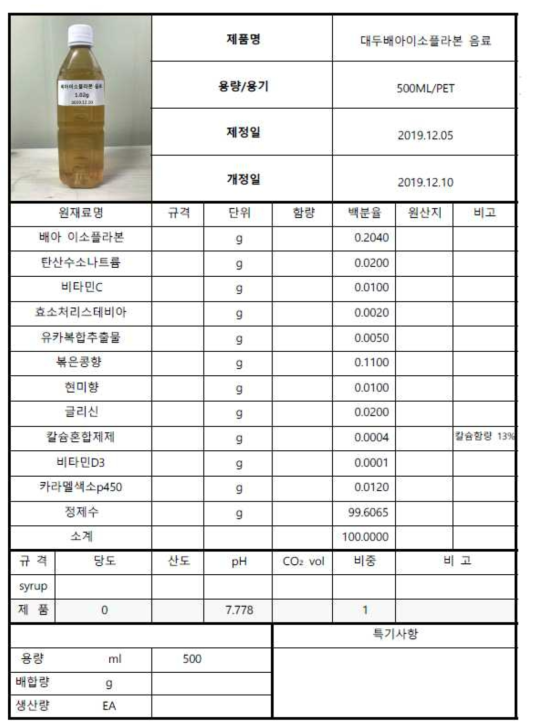 대두배아이소플라본 음료 시제품 배합표