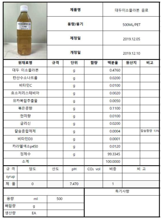 대두이소플라본 음료 시제품 배합표