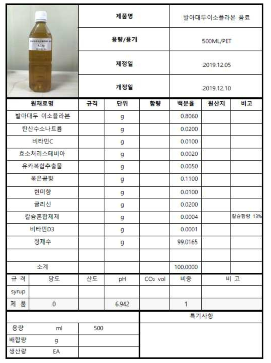 발아대두이소플라본 음료 시제품 배합표