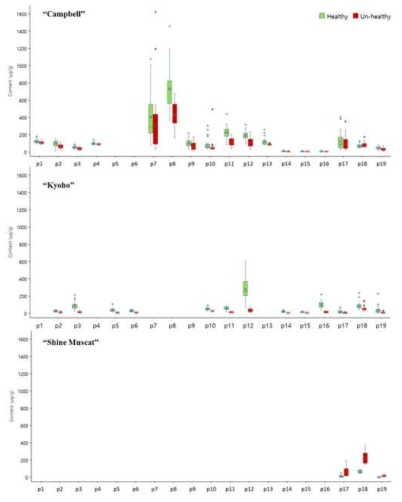 Box-plot of phenolic compounds contents in healthy and viroid-infected grape samples of three cultivars