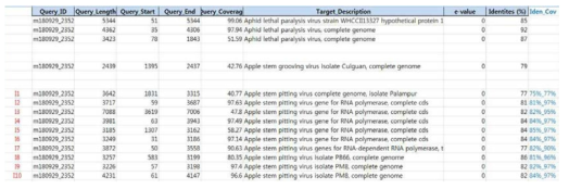 Isoform seqeuncing을 통해서 이병예상 사과샘플에서 확보한 Apple stem pitting virus 유래 시퀀스