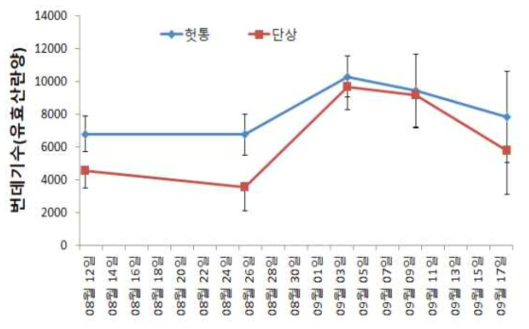 폭염기 단상벌통과 2단 헛벌통의 번데기수 발육 비교 조사