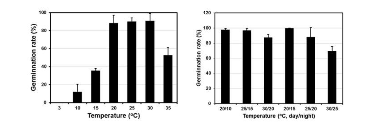 주야간 정온조건(좌)와 변온조건(우)에서 개쑥갓의 발아율