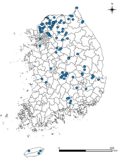 국내 농경지에서 발생하는 돼지풀의 분포