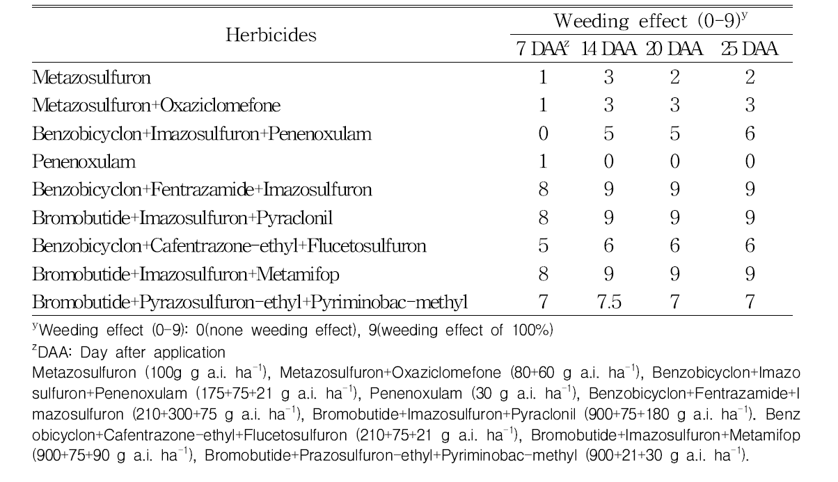 Weeding effects of Leptochloa fusca by the application of soil treatment herbicides on 2~3 leaves