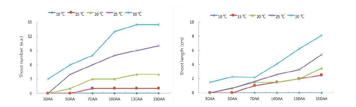 Changes of stem occurrence (left) and plant height(right) of Paspalum distichum L. var. disticutum by temperature