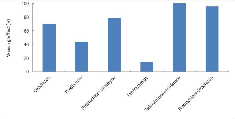 Weeding effects of Paspalum distichum L. var. disticutum by the application of early soil treatment herbicides. Oxadiazon (480 g a.i. ha-1), Pretilachlor (560 g a.i. ha-1), Pretilachlor+Symetrine (560+100 g a.i. ha-1), Fentrazamide (95 g a.i. ha-1), Tefuryltrione+Triafamon (196+49 g a.i. ha-1), Oxadiazon+Pretilachlor (240+480 g a.i. ha-1)