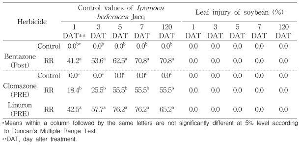 Effect of various herbicides on leaf injury in Ipomoea hederacea Jacq and soybean (cv. Daewon)