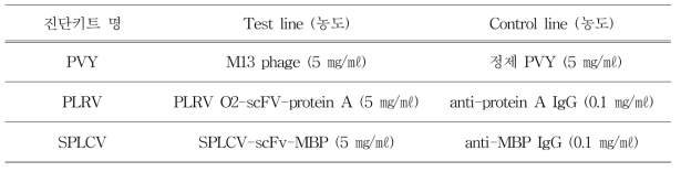 현장진단키트 개발을 위해 사용한 항체의 종류 및 농도