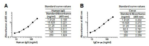 새롭게 개발한 IgCw 단백질이 항체의 정량에 IgG 대신에 사용될 수 있음을 보여준 실험결과