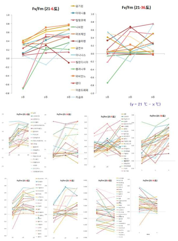 식물 종류별 온도 스트레스에 따른 Fv/Fm 변화량