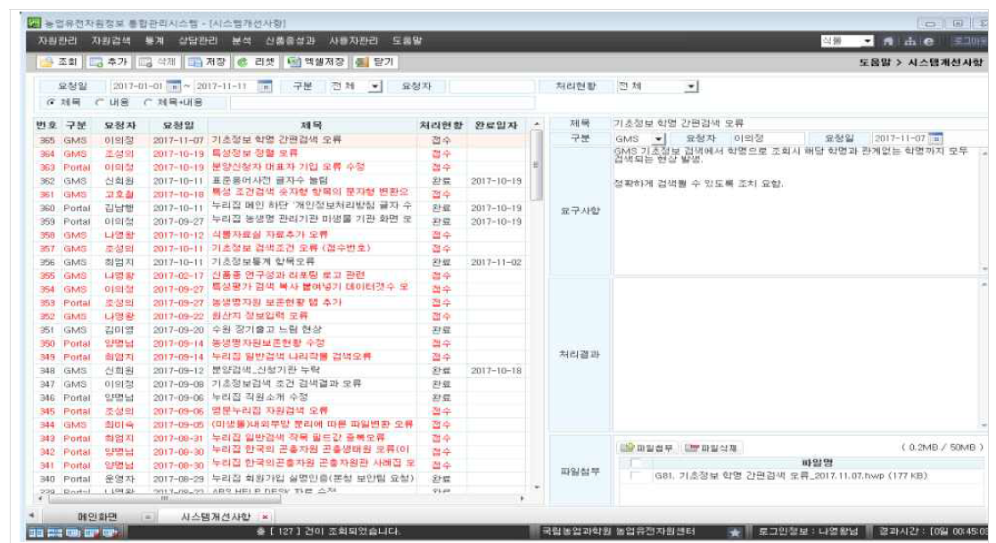 농업유전자원 정보시스템 개선요구사항 페이지