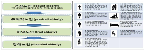 노인의 건강상태별 구분 출처 : 선우덕 외(2014). 노인 건강상태 주기별 보건사업의 대응전략. 한국보건사회연구원. Rockwood K., et al. (2005). A global clinical measure of fitness and frailty in elderly people, CMAJ, 173: pp. 489∼495
