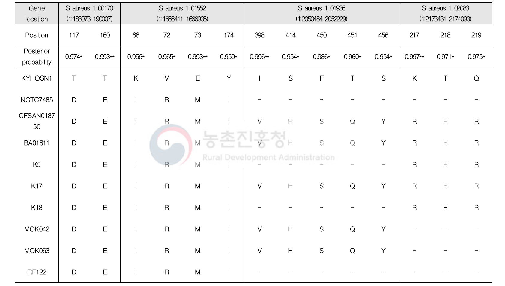 Staphylococcus aureus JDFM SA01 유전자 내의 아미노산 서열의 유의적 변화(계속)