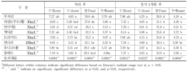 생장억제제 처리 후 생육특성조사(8℃ 저장)