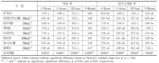 생장억제제 처리 후 생육특성조사(12℃ 저장)