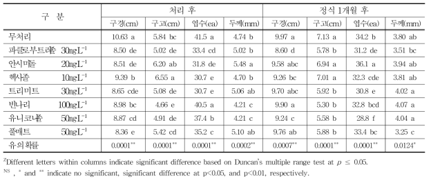 생장억제제 처리 후 생육특성조사(20℃ 저장)
