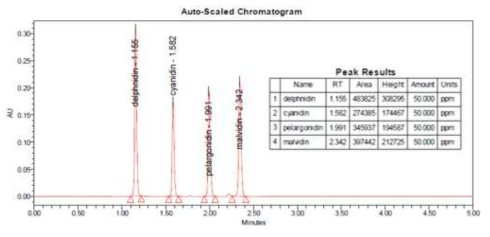 UPLC 안토시아니딘 4종 표준 peak