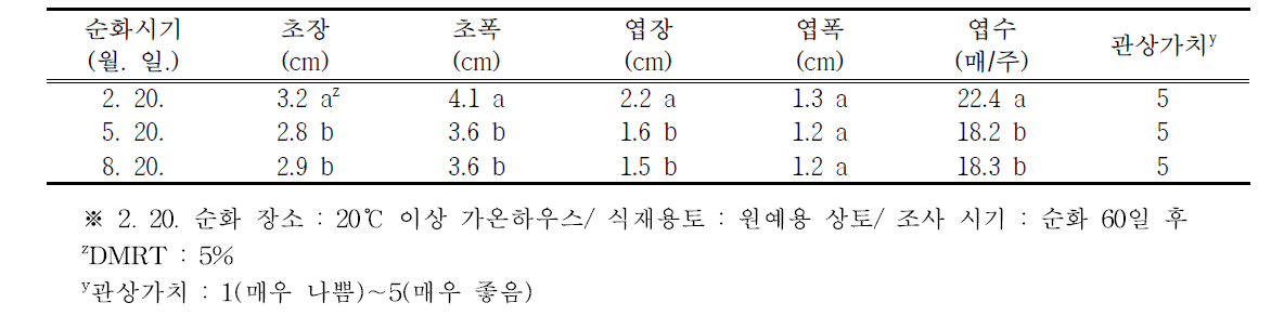 순화시기별 에케베리아 서브세실리스의 생육 특성