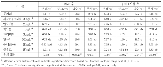 생장억제제 처리 후 생육특성조사(12℃ 저장)