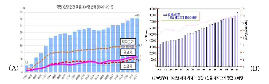 (A) 대한민국 국민 1인당 연간 돈육 소비량 변화 및 (B) 세계 1인당 돼지고기 소비량 변화