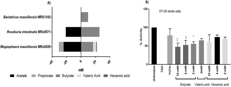 (A) 장관 내 건강에 도움이 되는 세균에서의 여러 유기산에 대한 소모 및 생성 확인 (Yuille, S et al., (2018) PLoS One) (B) 낙산염(Butyric acid), 발레르산(Valeric acid) 및 카프로산(Hexanoic acid)의 히스톤 탈아세틸화(Histone Acetylase(HAT) 억제효과 확인 (Yuille, S et al., (2018) PLoS One)