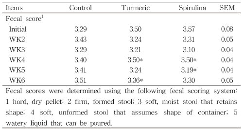 Tumeric과 spirulina 급여 자돈의 분변 score 분석 결과