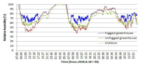 포그 설치 단동 온실의 시간별 습도변화