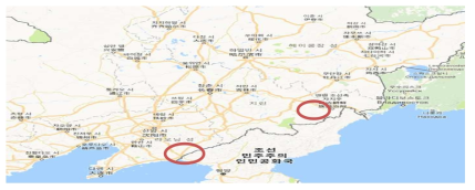 중국 접경지대 시험수행지역 표시(단둥, 연길)