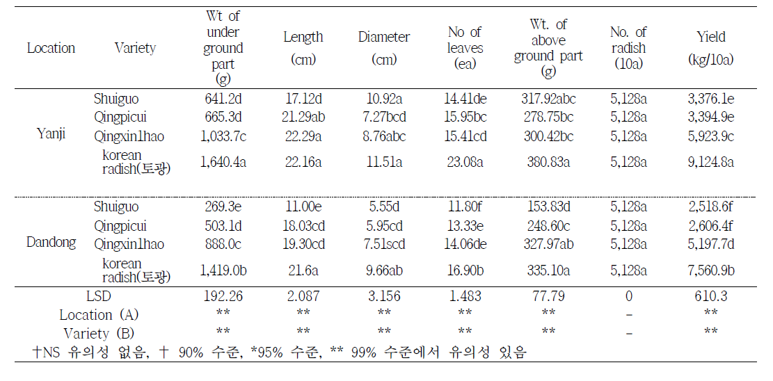 Growth and yield characteristics of radish harvested at Yanji and Dandong(second crop after potato)