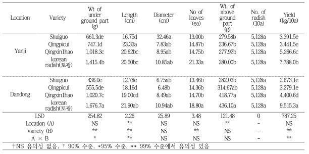 Growth and yield characteristics of radish harvested at Yanji and Dandong in 2018(second crop after waxy maize)