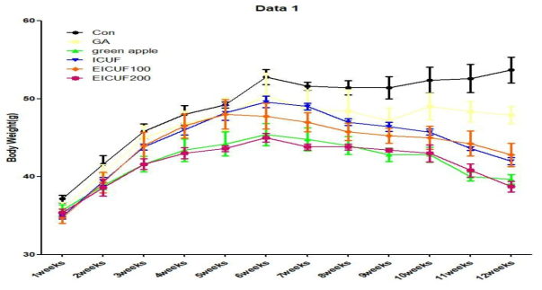 효소처리 풋귤 추출물 섭취에 따른 마우스 체중 변화 확인 결과