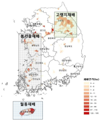 무 작기별 주산지 분포도(2015년)