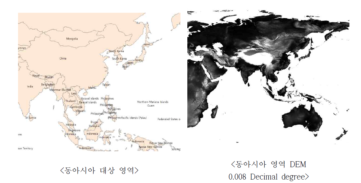 동아시아 대상 영역 및 DEM(Digital elevation map)