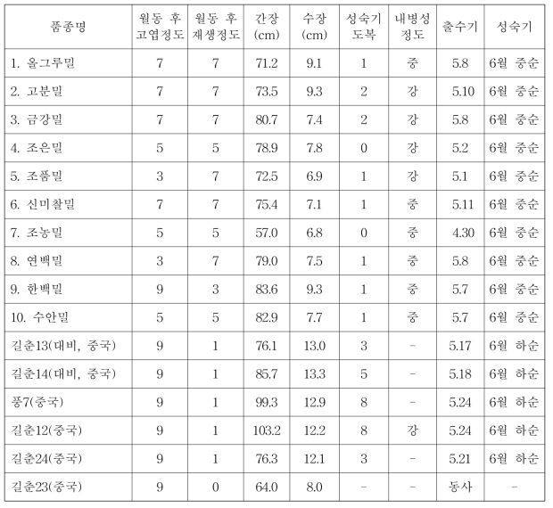 밀(추파재배)의 주요 생육 특성(2년차)